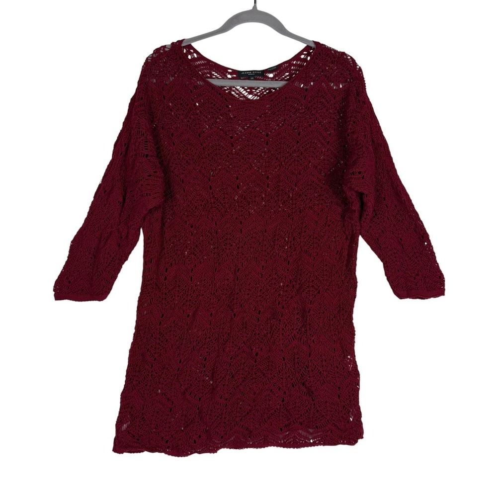 Jeanne Pierre Sweater Womens 3X Red Open Knit‎ 3/4 Sleeve Tunic Cotton Pullover